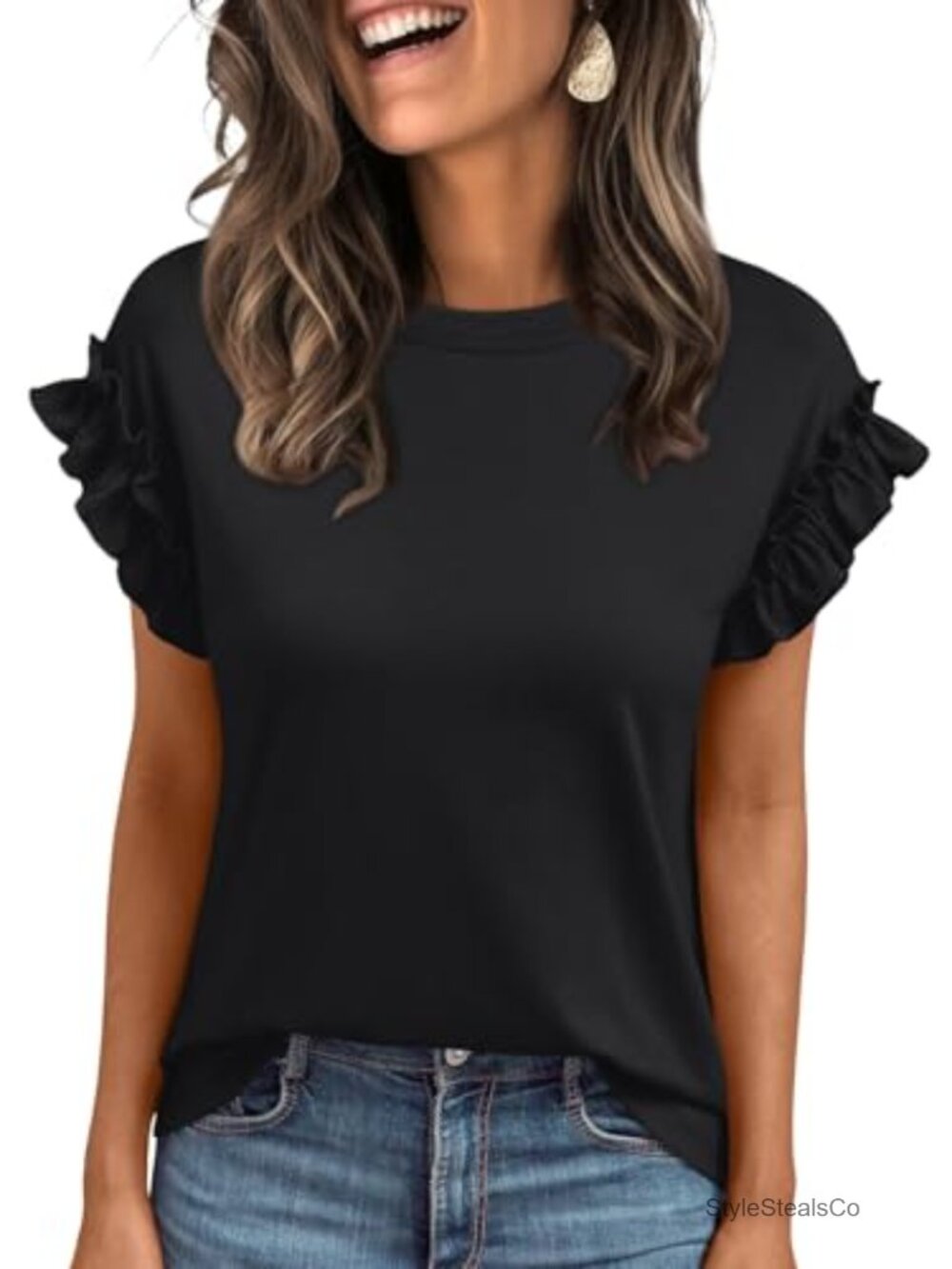Womens Ruffle Sleeve Crewneck T-Shirt Loose Fit Business Casual Top